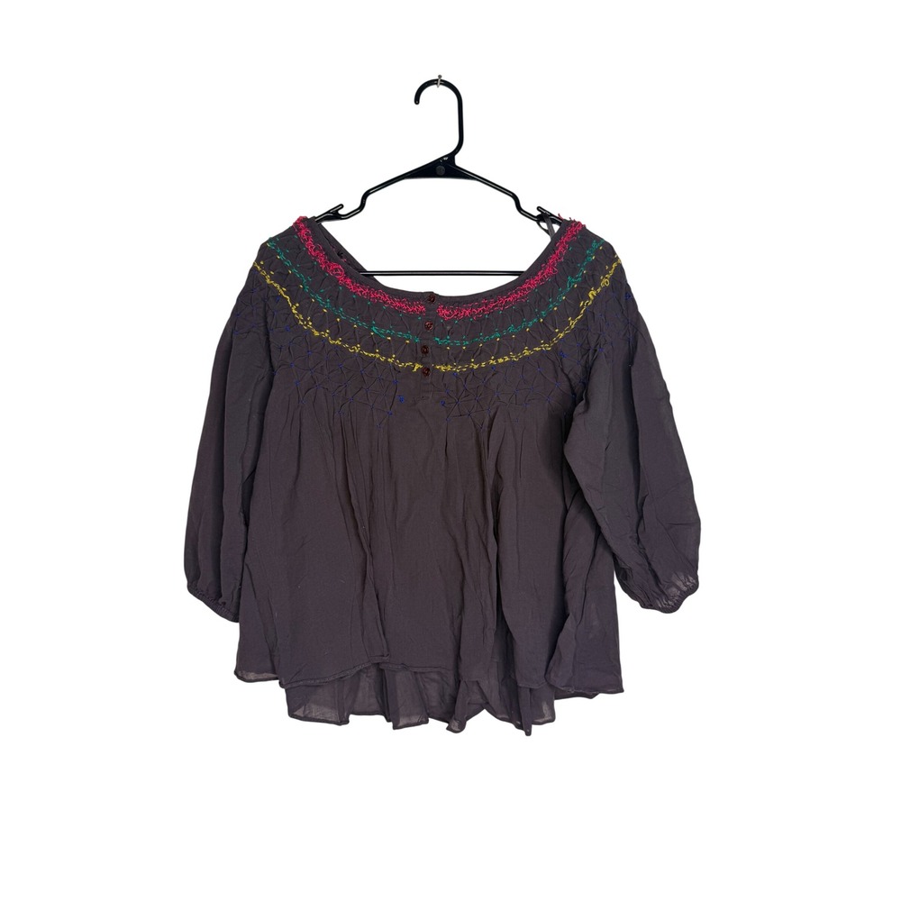 Free People Embroidered Smocked Peasant Blouse M Charcoal Boho Festival